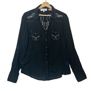 Panhandle Slim Western Shirt Womens XL Blue Pearl Snap Embroidery Top V Neck